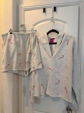 QUEEN OF SPARKLES Light Gray Candy Cane Hooded Lounge Set with Red Accents